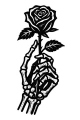 Skeletal hand clutching a single black rose, embodying themes of life, death, and beauty in a striking monochrome tattoo art style. A powerful gothic symbol of enduring love beyond