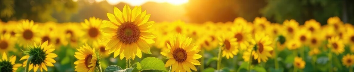 Obraz premium A vibrant field of sunflowers swaying gently in the breeze, bathed in golden sunlight, creating a picturesque park scene Perfect for summer, nature, and happy themes , garden, aesthetic, outdoor