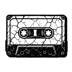 Distressed cracked grunge vintage retro audio cassette tape illustration, a nostalgic black and white old school music icon from the 80s and 90s, embodying analog sound history & p