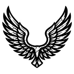 Majestic distressed black wings vector illustration, soaring open phoenix or eagle wings, symbolic freedom, power, and ascent emblem. Vintage texture, isolated on white for graphic