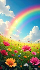 Fototapeta premium A vibrant rainbow arches over a sun-drenched field of wildflowers, embodying universal joy and contentment; a feeling of widespread happiness and well-being , serene, contentment