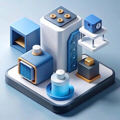 Isometric 3D building vector illustration with office factory and home design symbols