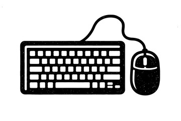 Black and white vector icon: a classic wired computer keyboard and mouse. Essential input devices for desktop computing, office, and digital design. Perfect for tech, UI/UX, and ed