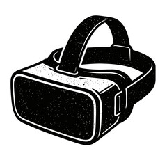 Striking black and white illustration of a modern virtual reality (VR) headset, representing immersive digital worlds, advanced gaming, metaverse exploration, and future tech conce
