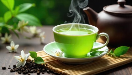 Steaming cup of jasmine green tea, delicate white blossoms visible in the leaves, next to a teapot and a scattering of loose tea leaves on a bamboo mat , teacup, infusion