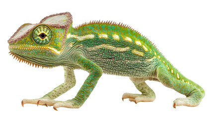 Obraz premium A green chameleon with intricate patterns and textures. poised on a white background. its unique features. ideal for educational and wildlife-related content