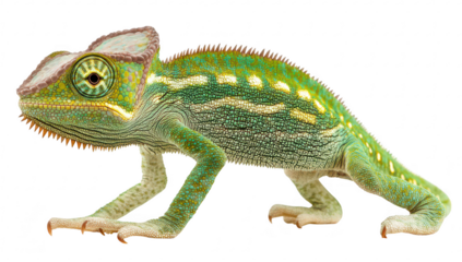 A green chameleon with intricate patterns and textures. poised on a white background. its unique features. ideal for educational and wildlife-related content