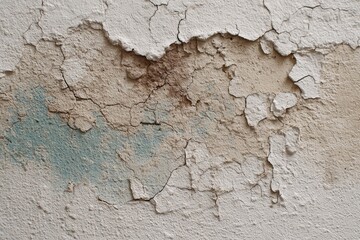 A close-up view of a weathered exterior wall, exhibiting extensive cracking and peeling paint in shades of beige, white, and light teal.