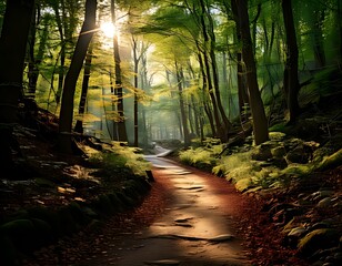 Obraz premium Sunlit path through a lush forest