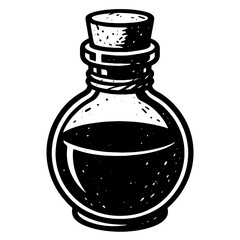B&W hand-drawn vintage illustration of mysterious round glass bottle with cork stopper, containing dark liquid. Ideal for fantasy, alchemy, magic potion, Halloween, rustic, or old