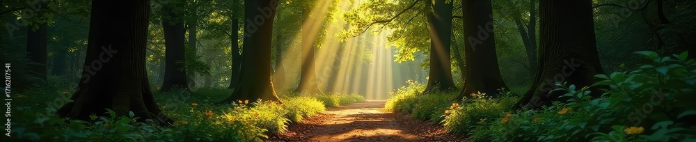 Wall mural sun-dappled forest path winding through ancient trees, sunlight filtering through leaves, creating a