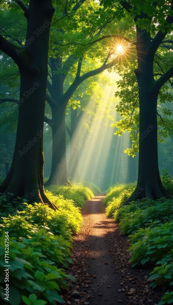 Sticker sun-dappled forest path winding through ancient trees, sunlight filtering through leaves, creating a