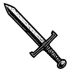 Bold Black & White Distressed Medieval Sword Illustration. Gritty Fantasy Weaponry Graphic. Vintage Woodcut Style Blade. Ancient Warrior Armament with Textured Detail. Perfect for