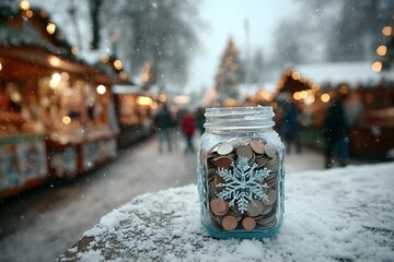 Coin jar at snowy Christmas market
