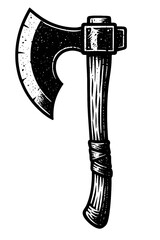 Vintage black and white woodcut illustration of a robust battle axe, featuring a broad, textured blade and a rustic, cord-wrapped handle. Ideal for medieval, Viking, fantasy, and w