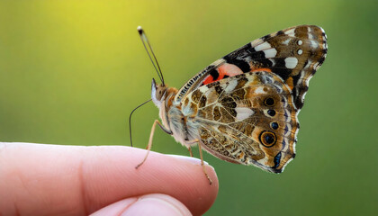 Delicate painted lady butterfly rests gently on fingertip against soft dreamy green background