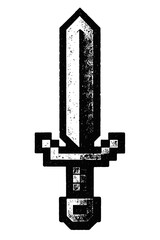 Pixel art sword icon, black and white, blocky design, distressed grunge style. Perfect for retro gaming, RPGs, digital assets, stream overlays, vintage projects, and nostalgic them