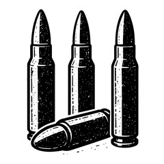 Gritty black and white vector illustration of four classic rifle cartridges, three standing and one lying, with distressed grunge texture, embodying military power, defense, and fi