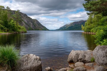 Calm lake view framed by rocky shores verdant trees  mountains under a cloudy sky