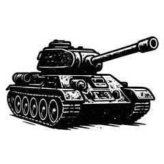 Black and white illustration of a powerful vintage military tank, an iconic combat vehicle, symbolizing strength and warfare, perfect for historical designs, and military enthusias