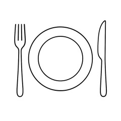 Simple line drawing of a plate with fork and knife ready for dining