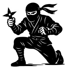 Dynamic black silhouette of a stealthy ninja warrior in a combat-ready crouch, holding a sharp shuriken, perfect for martial arts themes, Japanese culture, action games, and graphi