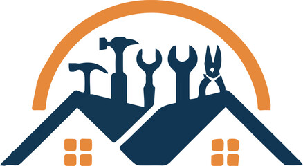 Vector art of home repair logo with tools on roof