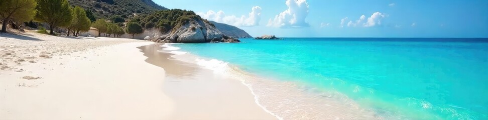 Obraz premium Sun-drenched white sand beach in Greece, crystal-clear turquoise water laps gently at the shore Ideal for travel, vacation, and summer holiday imagery Serenity, idyllic escape , vacation, warmth