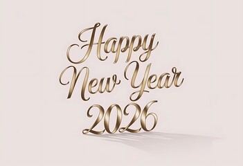 Obraz premium Elegant minimalist Happy New Year 2026 in gold foil on plain white background, subtle shadow for depth