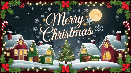 Whimsical snowy village with merry christmas greeting and full moon