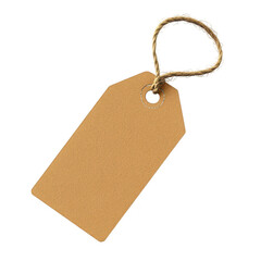 A blank. brown kraft paper tag with a string attached. resting on a clean white background. suitable for labeling products or gifts in various creative and commercial applications