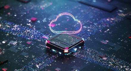 Abstract Representation of Cloud Computing Technology with Glowing Cloud Icon Hovering Over a Futuristic Circuit Board, Symbolizing Data Storage and Connectivity