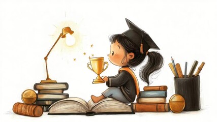 Cartoon graduation girl sitting on open book with trophy, lamp and stationery - Powered by Adobe