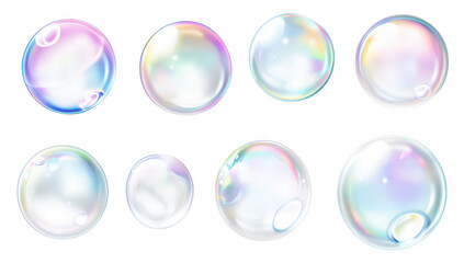 A collection of colorful. translucent soap bubbles of various sizes. floating against a clean white background. their iridescent surfaces and reflecting light