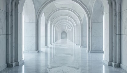 A long, perspective hallway with numerous arches and columns, all in a pale marble-like material, creates a sense of depth and grandeur.  The floor is highly reflective, mirroring the architecture