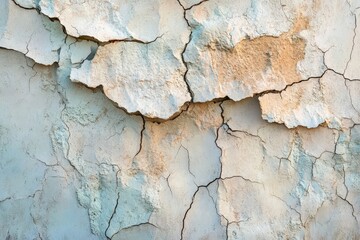 Obraz premium A detailed close-up view of a weathered wall, exhibiting extensive cracks and varying shades of pale beige, light gray, and subtle orange tones.