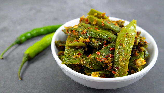 Green chili achar in a small bowl. Tasty homemade food and cooking concept.