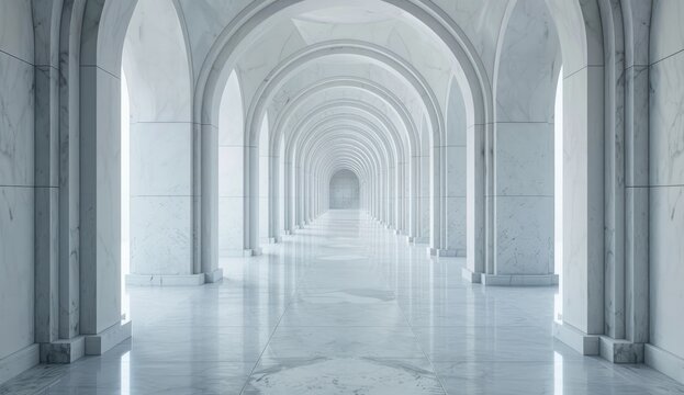 A long, perspective hallway with numerous arches and columns, all in a pale marble-like material, creates a sense of depth and grandeur.  The floor is highly reflective, mirroring the architecture