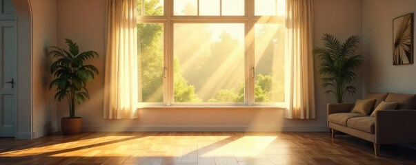 Sunlight streams through a large window illuminating dust motes dancing in the air of a bright, spacious, and airy indoor room Perfect for themes of home, light, and tranquility , serenity, beams