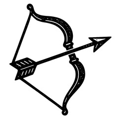 Striking vintage black and white illustration of a powerful, traditional recurve bow with an arrow precisely nocked, ready for swift release. A classic emblem of archery skill, ancient hunting, sporti