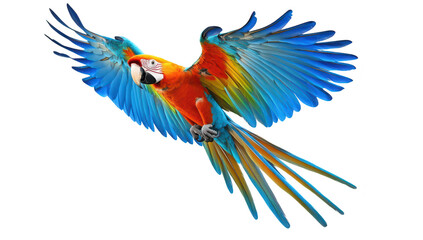 Fototapeta premium A macaw parrot in mid-flight. its stunning feathers against a white background. capturing the essence of wildlife and nature photography for educational and artistic use