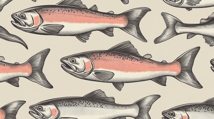 Seamless pattern of salmon fish in vintage style. (1)