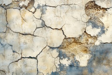 Obraz premium A weathered, cracked stucco wall displays a mix of light beige and muted gray tones, revealing the underlying texture and aging.