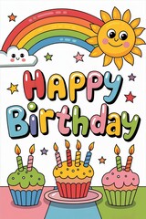 Naklejka premium Colorful Birthday Celebration with Cupcakes, Rainbow, and Cheerful Elements