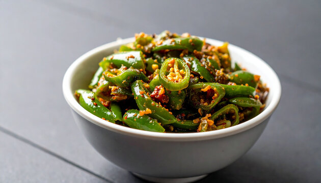 Green chili achar in a small bowl. Tasty homemade food and cooking concept.