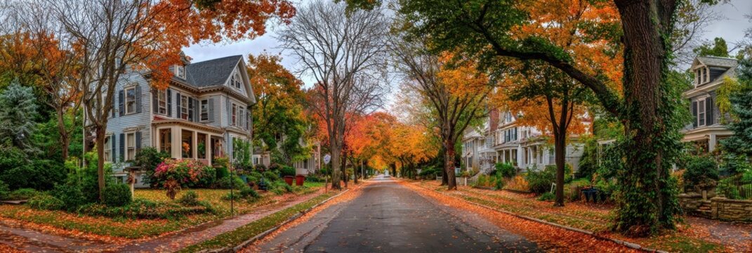 Autumn Serenity: Picturesque Tree-Lined Street in a Rural Somerville Neighborhood, Massachusetts