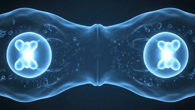 Cell division process with glowing blue cells and chromosomes illustrating biological reproduction.