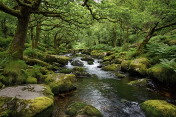 Enchanting Wistmans Wood: A Serene Forest Oasis with Lush Greenery, Tranquil Stream, and Moss-Covered Rocks in Dartmoor, Devon, England