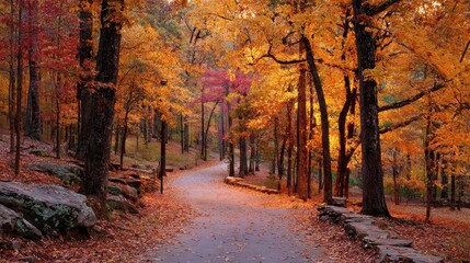 Fototapeta premium Vibrant Autumn Hues of Kennesaw Mountain: A Scenic Path Through the Forest