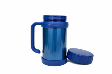 Blue vacuum insulated mug with handle and lid, designed for hot and cold drinks, perfect for home and travel use, on a white background
